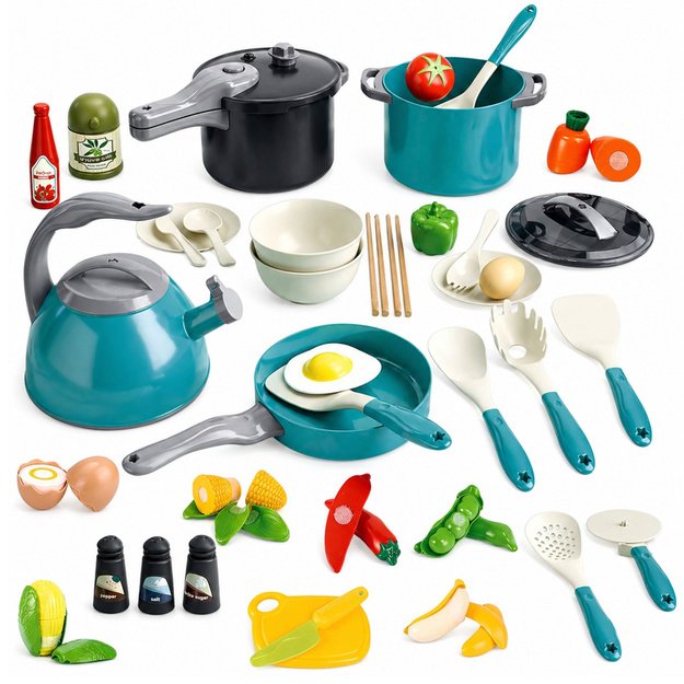 Little Chef s Set - Kitchen Pots, Dishes, Kettle, Turquoise, 33 Pieces
