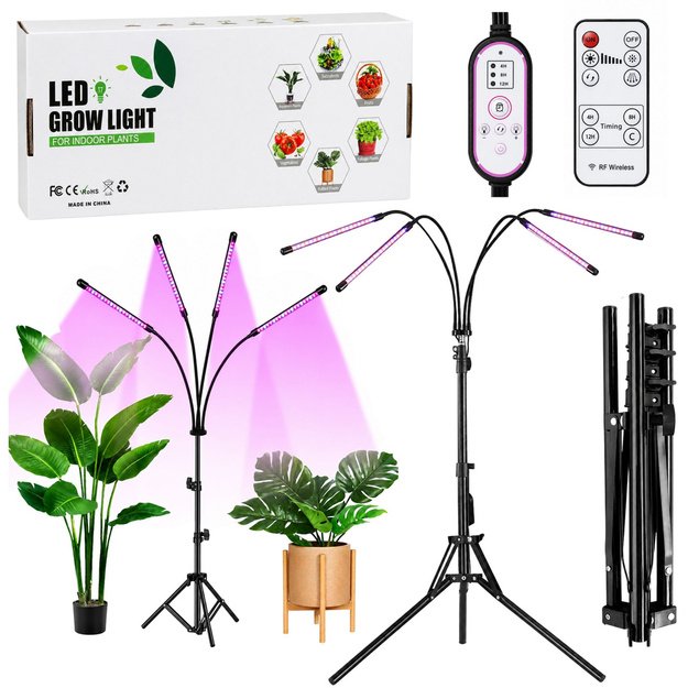 LED lamp for growing crops and illuminating plants, 4-panel stand, remote control