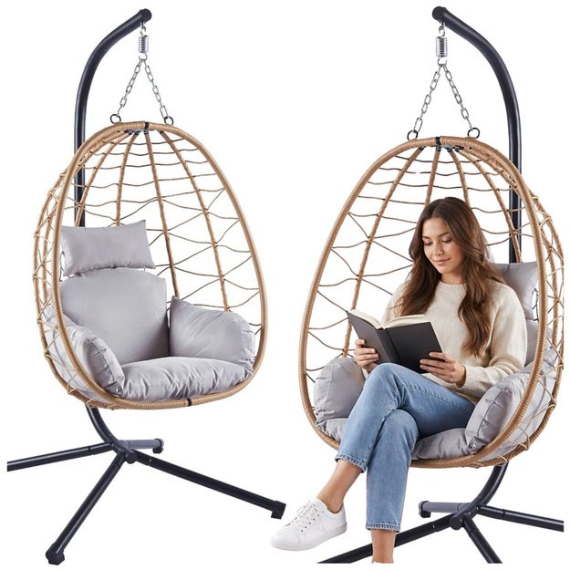 LEAN Hanging Rocking Chair Garden Cocoon Cushions Swing Brown Frame