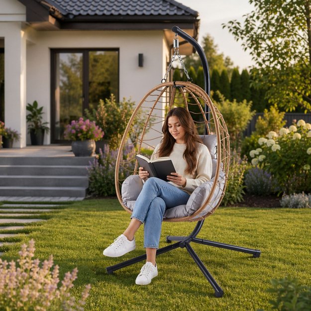 LEAN Hanging Rocking Chair Garden Cocoon Cushions Swing Brown Frame