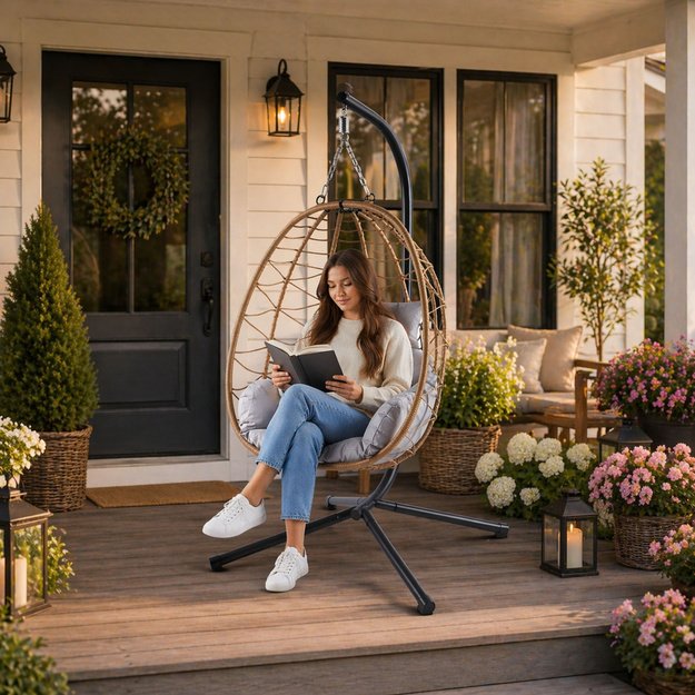 LEAN Hanging Rocking Chair Garden Cocoon Cushions Swing Brown Frame