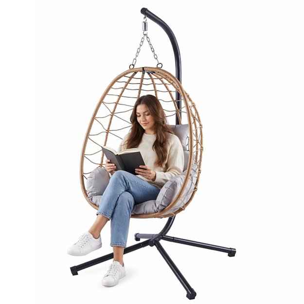 LEAN Hanging Rocking Chair Garden Cocoon Cushions Swing Brown Frame