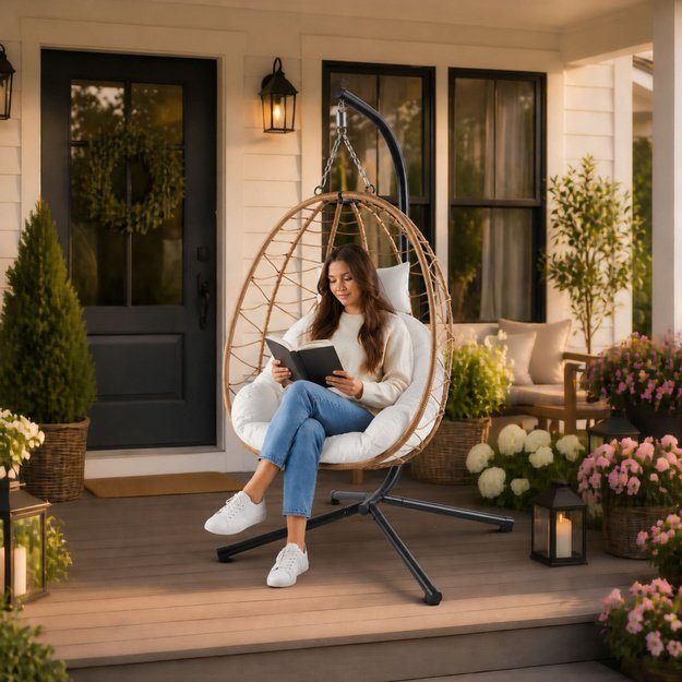 LEAN Hanging Rocking Chair Garden Cocoon Cushions Swing Brown Frame