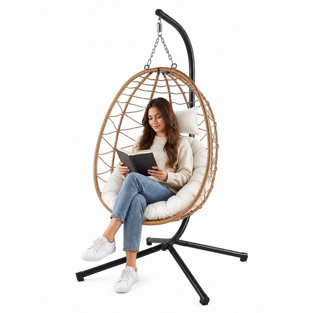 LEAN Hanging Rocking Chair Garden Cocoon Cushions Swing Brown Frame