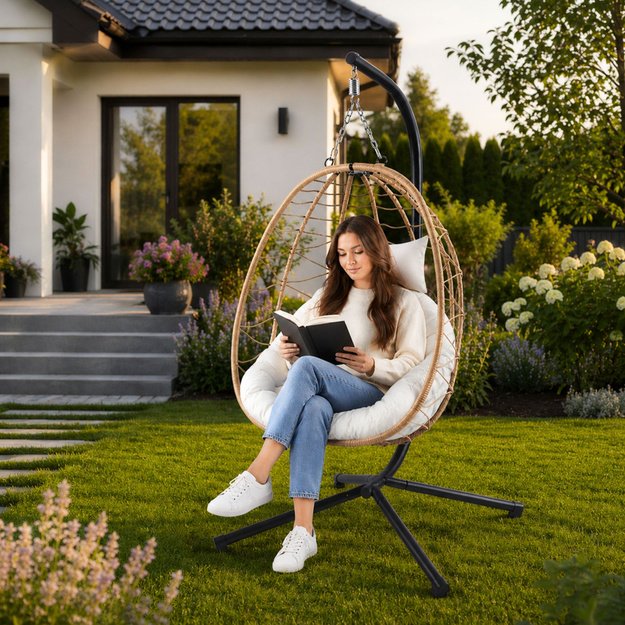 LEAN Hanging Rocking Chair Garden Cocoon Cushions Swing Brown Frame