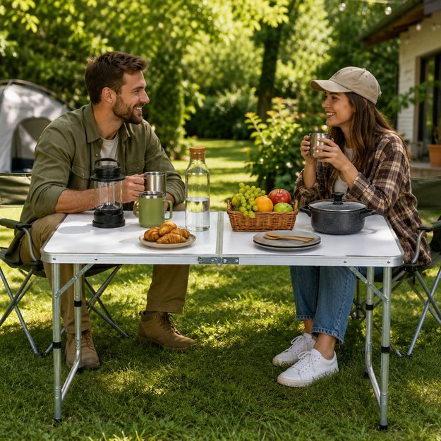 Folding Camping Table Adjustable Height Suitcase White