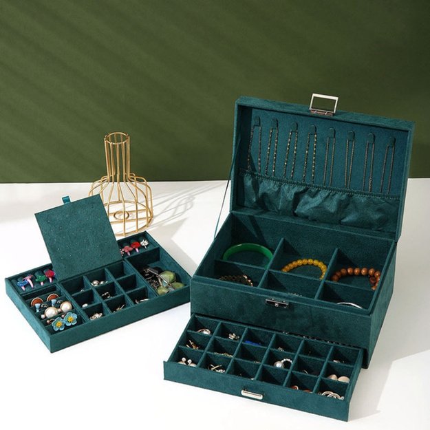 Jewelry Organizer Box with Drawer and Key, Green Velvet