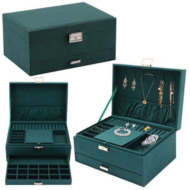 Jewelry Organizer Box with Drawer and Key, Green Velvet