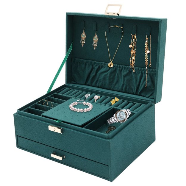 Jewelry Organizer Box with Drawer and Key, Green Velvet