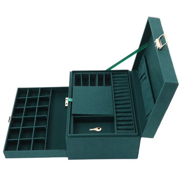 Jewelry Organizer Box with Drawer and Key, Green Velvet