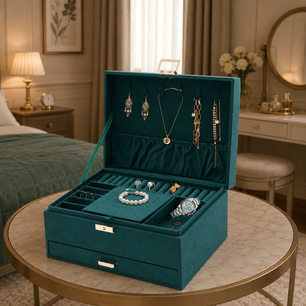Jewelry Organizer Box with Drawer and Key, Green Velvet