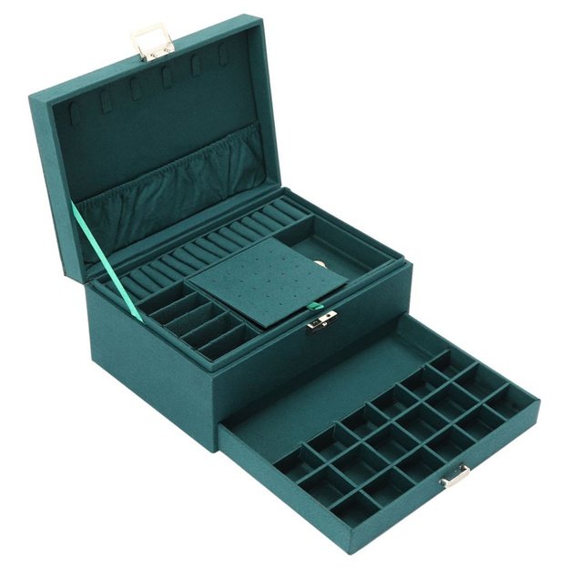 Jewelry Organizer Box with Drawer and Key, Green Velvet