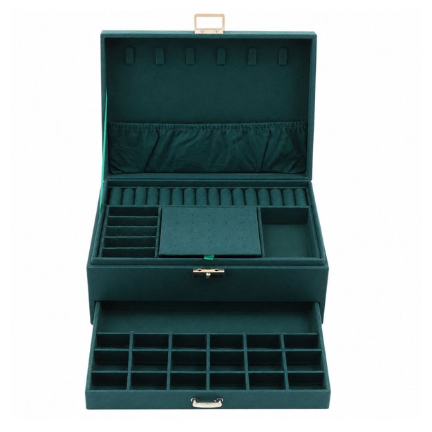 Jewelry Organizer Box with Drawer and Key, Green Velvet