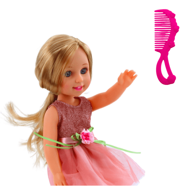 Lėlė su suknele ir lankeliu, ilgais plaukais, rožinė, šukos, 38 cm 2