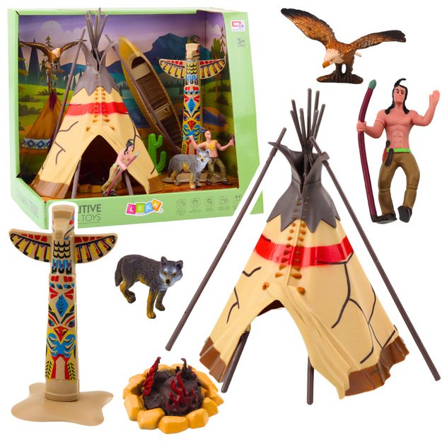 Indėnų figūrų rinkinys Indėnų kaimas Indėnai palapinė Tipi valtis Totemas