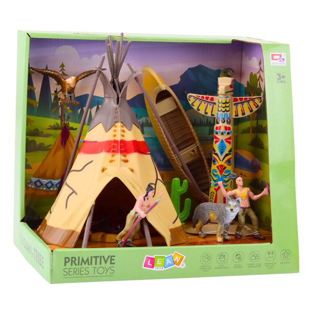 Indėnų figūrų rinkinys Indėnų kaimas Indėnai palapinė Tipi valtis Totemas