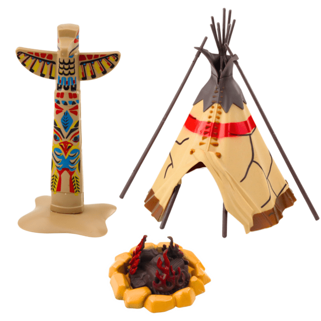 Indėnų figūrų rinkinys Indėnų kaimas Indėnai palapinė Tipi valtis Totemas