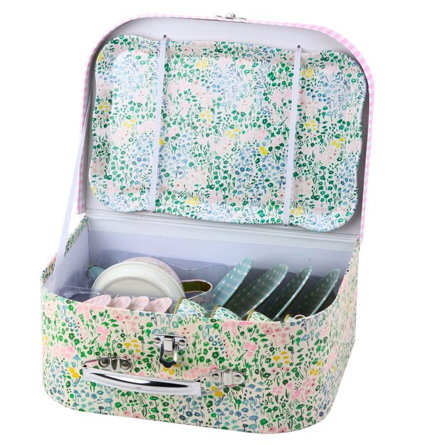 Tea Set in a Suitcase Pastel Metal Tableware 15 pcs 1