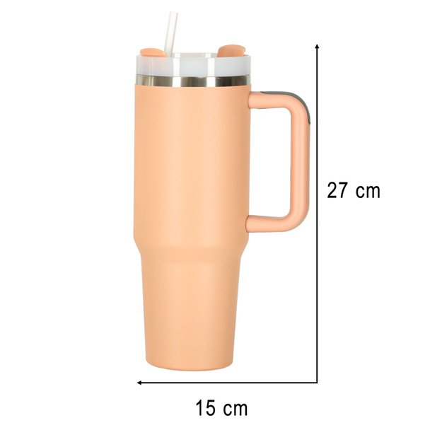 Termo puodelis su šiaudeliu ir rankenėle termosas 1200ml pudros rožinės spalvos 11