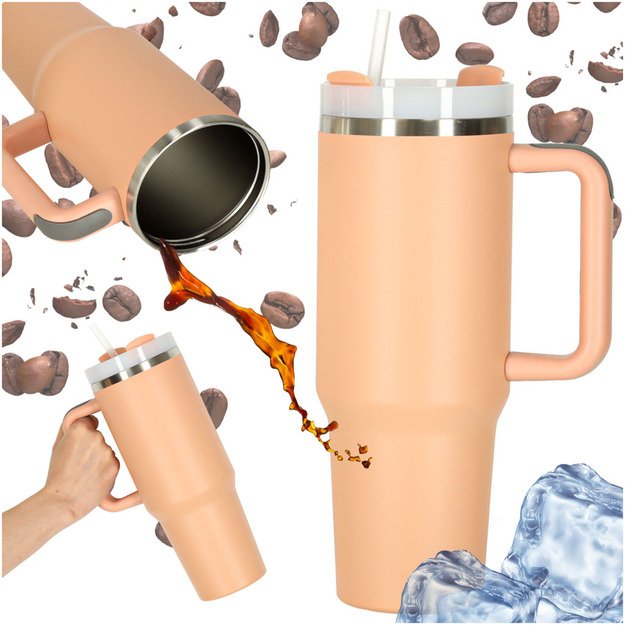 Termo puodelis su šiaudeliu ir rankenėle termosas 1200ml pudros rožinės spalvos