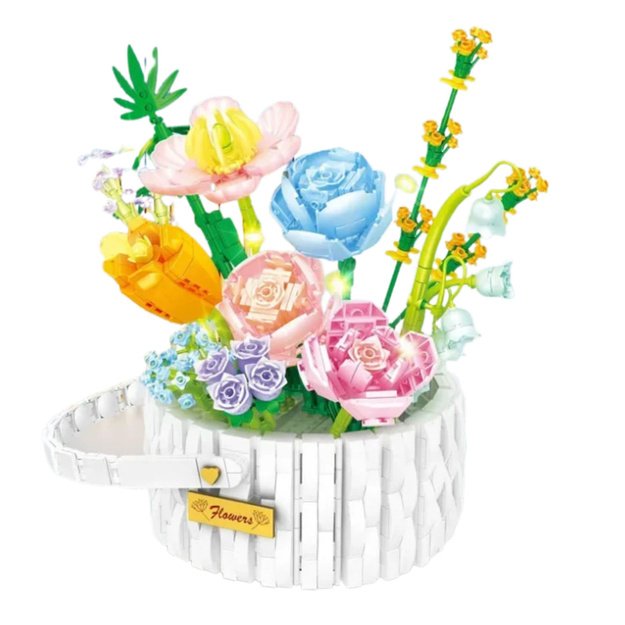 Construction Blocks Flower Arrangement in a Basket LED Lights 1376 pcs. 1