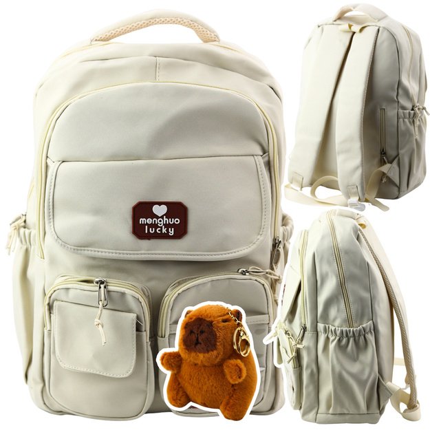 Urban School Backpack Capybara Keychain Badges Beige Cream 25L 42cm 4