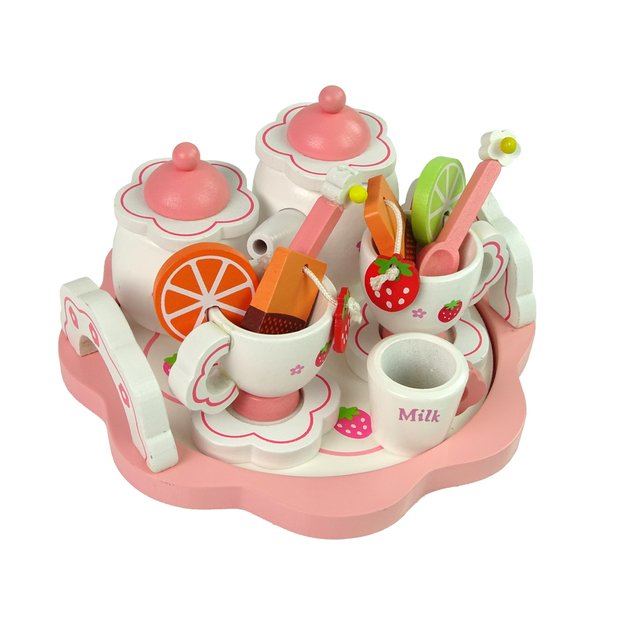 Wooden Tea Set Pink Flowers Pitcher Tray