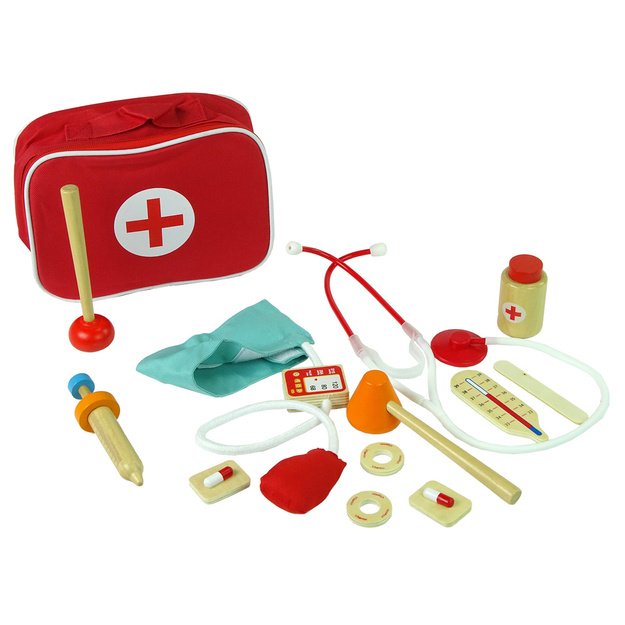 Wooden Doctor s Set in a Bag Stethoscope Pressure Gauge Hammer Syringe 1
