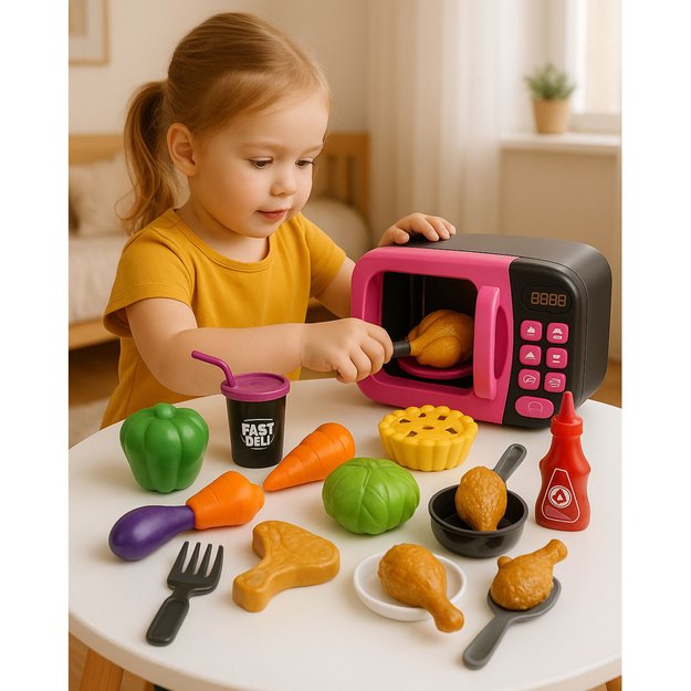 Microwave Toy For Kids Food 360 Rotation Lights Sounds Pink 2