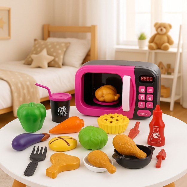 Microwave Toy For Kids Food 360 Rotation Lights Sounds Pink 3