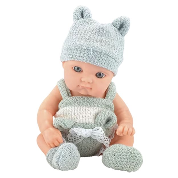 Baby Doll with Blanket, White and Gray Outfit, Hat, 18 cm 2