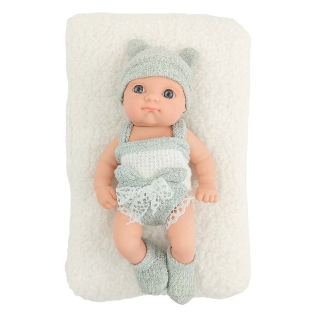 Baby Doll with Blanket, White and Gray Outfit, Hat, 18 cm 1