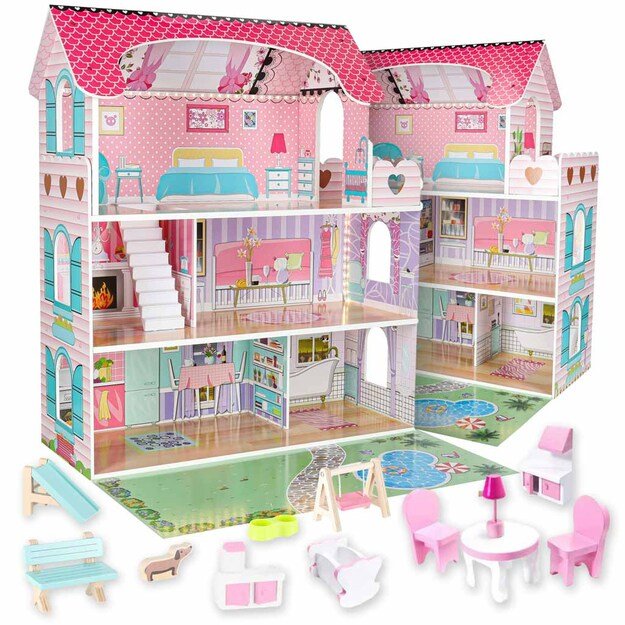 Lulilo Gardeno medinis lėlių namelis su sodo baldais 70 cm rožinis LED 14