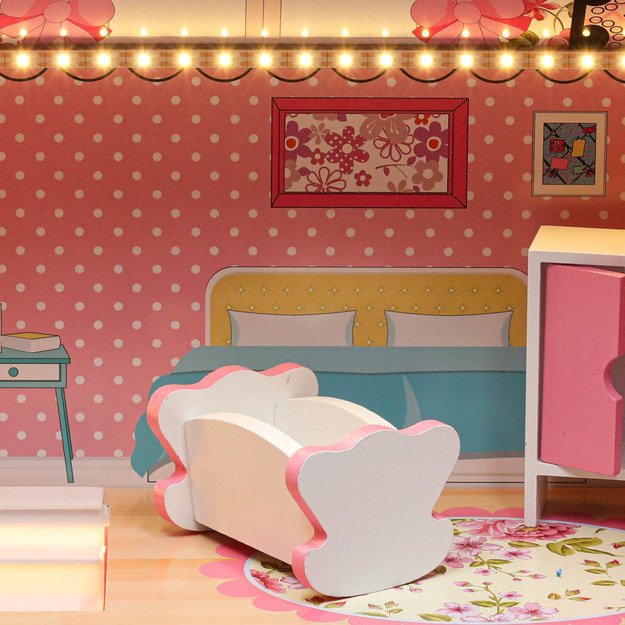 Lulilo Gardeno medinis lėlių namelis su sodo baldais 70 cm rožinis LED 11