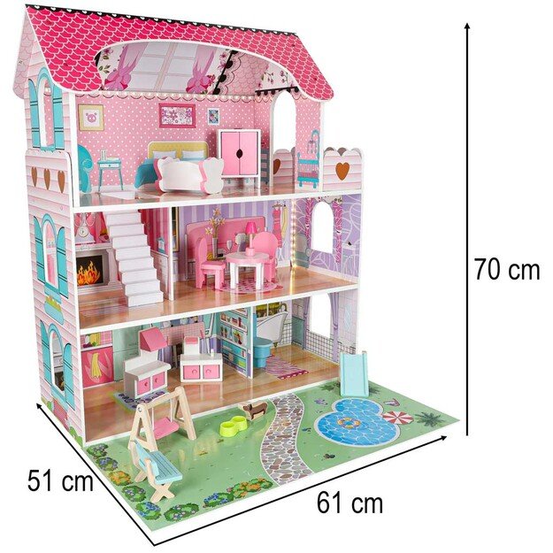 Lulilo Gardeno medinis lėlių namelis su sodo baldais 70 cm rožinis LED 12