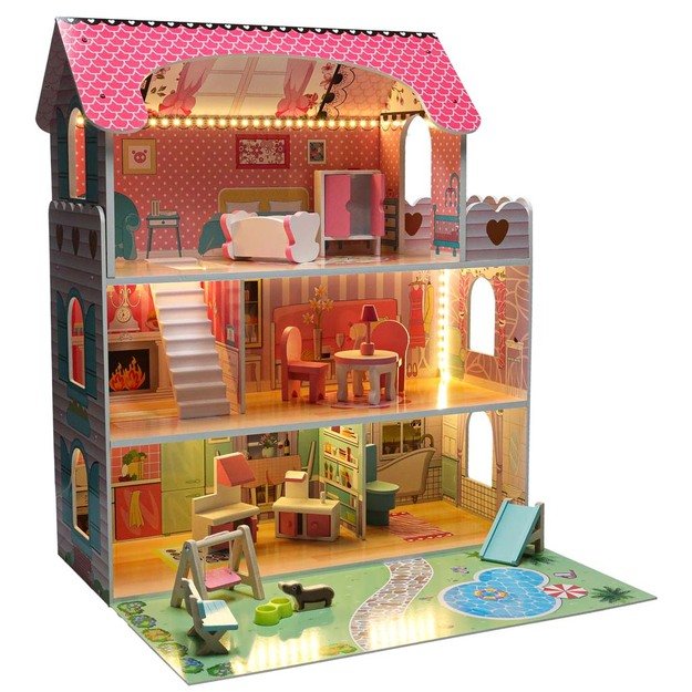 Lulilo Gardeno medinis lėlių namelis su sodo baldais 70 cm rožinis LED 3
