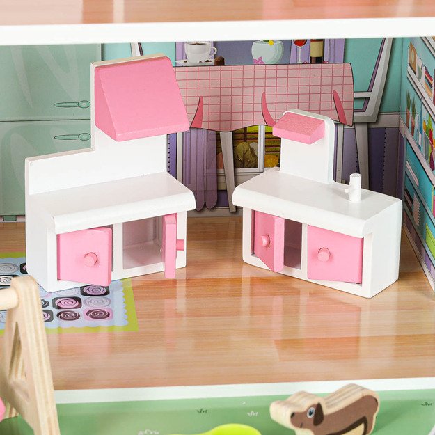 Lulilo Gardeno medinis lėlių namelis su sodo baldais 70 cm rožinis LED 8