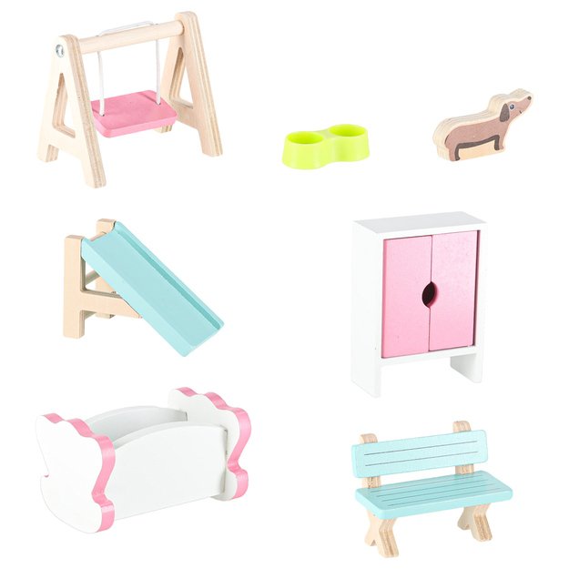 Lulilo Gardeno medinis lėlių namelis su sodo baldais 70 cm rožinis LED 4