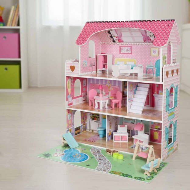 Lulilo Gardeno medinis lėlių namelis su sodo baldais 70 cm rožinis LED 15