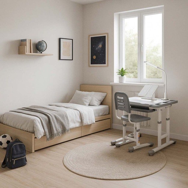 Vaiki&scaron;kas ra&scaron;omasis stalas su stalčiumi, kėdė, lempa, pilka 11