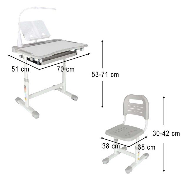 Vaiki&scaron;kas ra&scaron;omasis stalas su stalčiumi, kėdė, lempa, pilka 12
