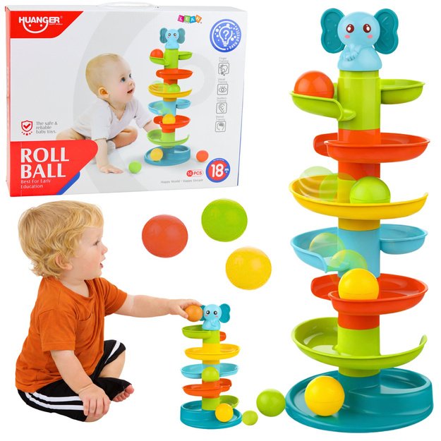 Sensorinis kamuoliukų čiuožyklos edukacinis bokštas su drambliu