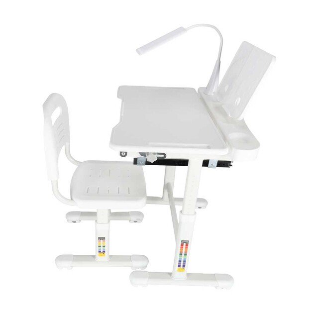 Vaikų mokyklinis ra&scaron;omasis stalas reguliuojama kėdė LED &scaron;viesa USB balta 2