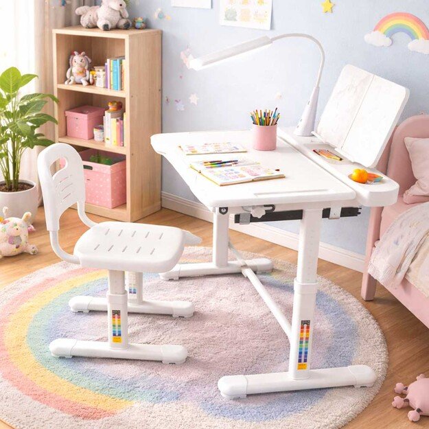 Vaikų mokyklinis ra&scaron;omasis stalas reguliuojama kėdė LED &scaron;viesa USB balta 10