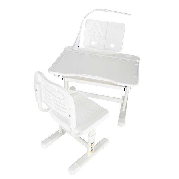 Vaikų mokyklinis ra&scaron;omasis stalas reguliuojama kėdė LED &scaron;viesa USB balta 5