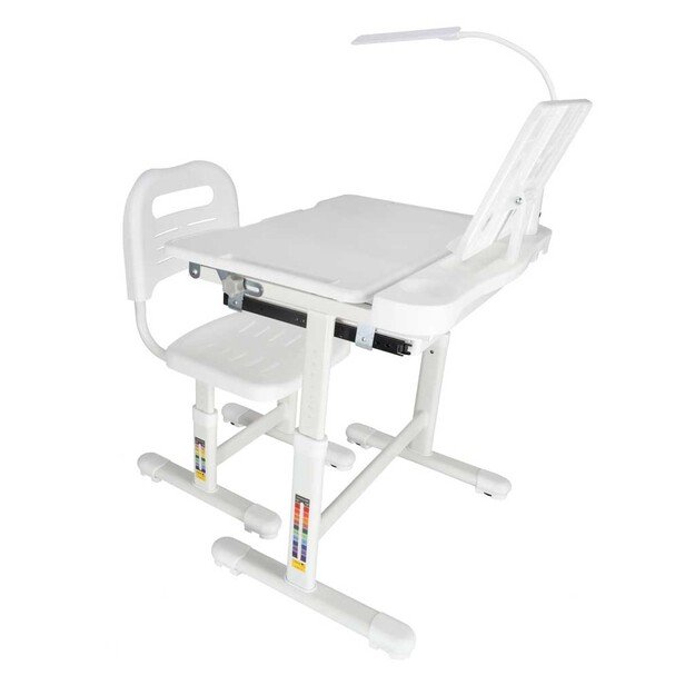 Vaikų mokyklinis ra&scaron;omasis stalas reguliuojama kėdė LED &scaron;viesa USB balta 1