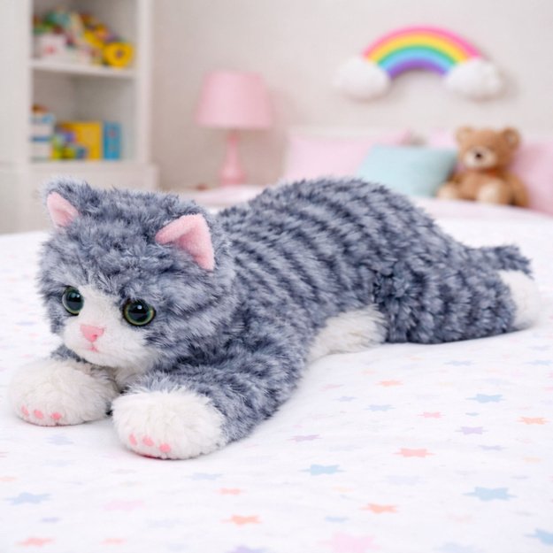Plush Toy Cuddly Toy Kitten Lying Gray 38 cm