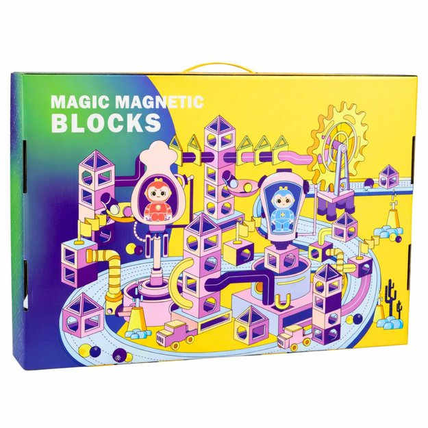 Magnetinių kaladėlių rinkinys su rutuliniais bėgeliais, malūno ratukais, 118 vnt.