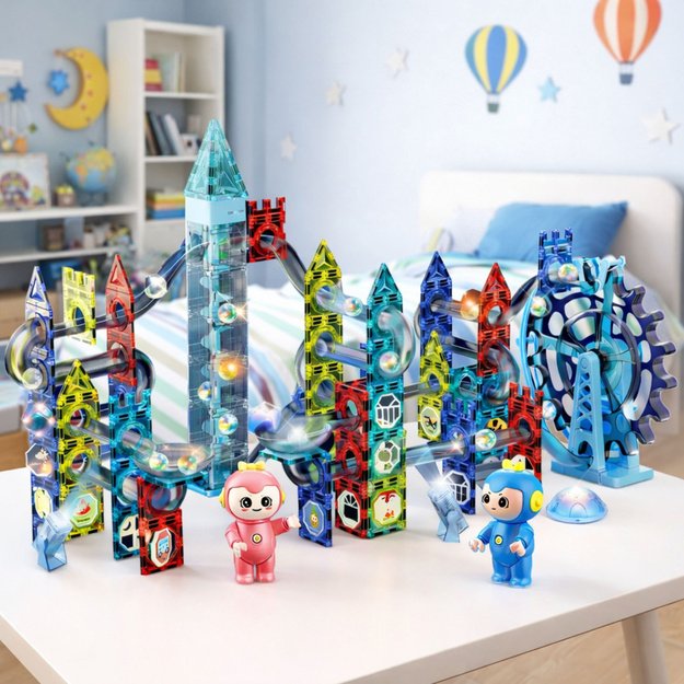 Magnetinių kaladėlių rinkinys su rutuliniais bėgeliais, malūno ratukais, 118 vnt.