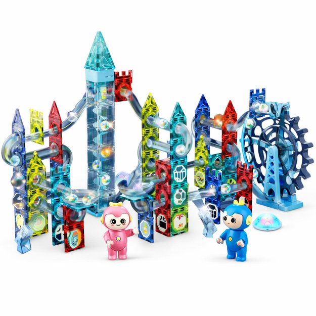 Magnetinių kaladėlių rinkinys su rutuliniais bėgeliais, malūno ratukais, 118 vnt.